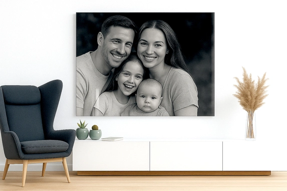 Een gezinsfoto in zwart-wit komt ook prachtig uit op plexiglas.