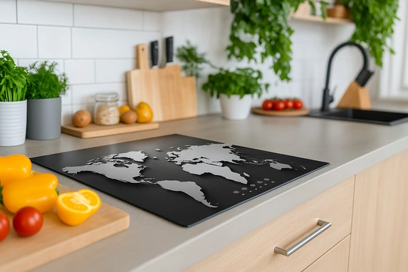 Een wereldkaart als inductiekookplaatbeschermer, de wereldkaart zit in onze beeldbank!