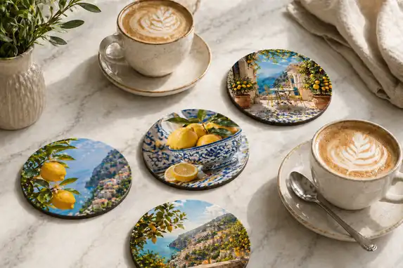 Ronde foto onderzetters als stijlvolle set voor koffie of thee.