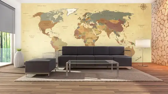 Fotobehang met wereldkaart in verschillende stijlen en formaten.