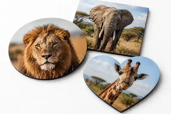 Maak bij Fotogeschenk je eigen thema onderzetters in je eigen gewenste vorm.