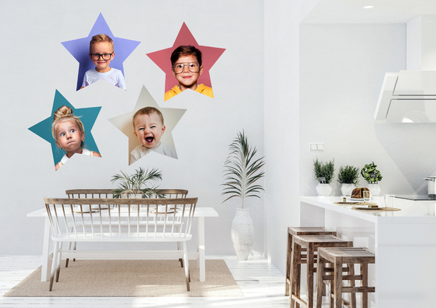 Fotogeschenk muurstickers in stervorm origineel speels voor de babykamer of kinderkamer. Kies vierkant formaat en kies vorm.